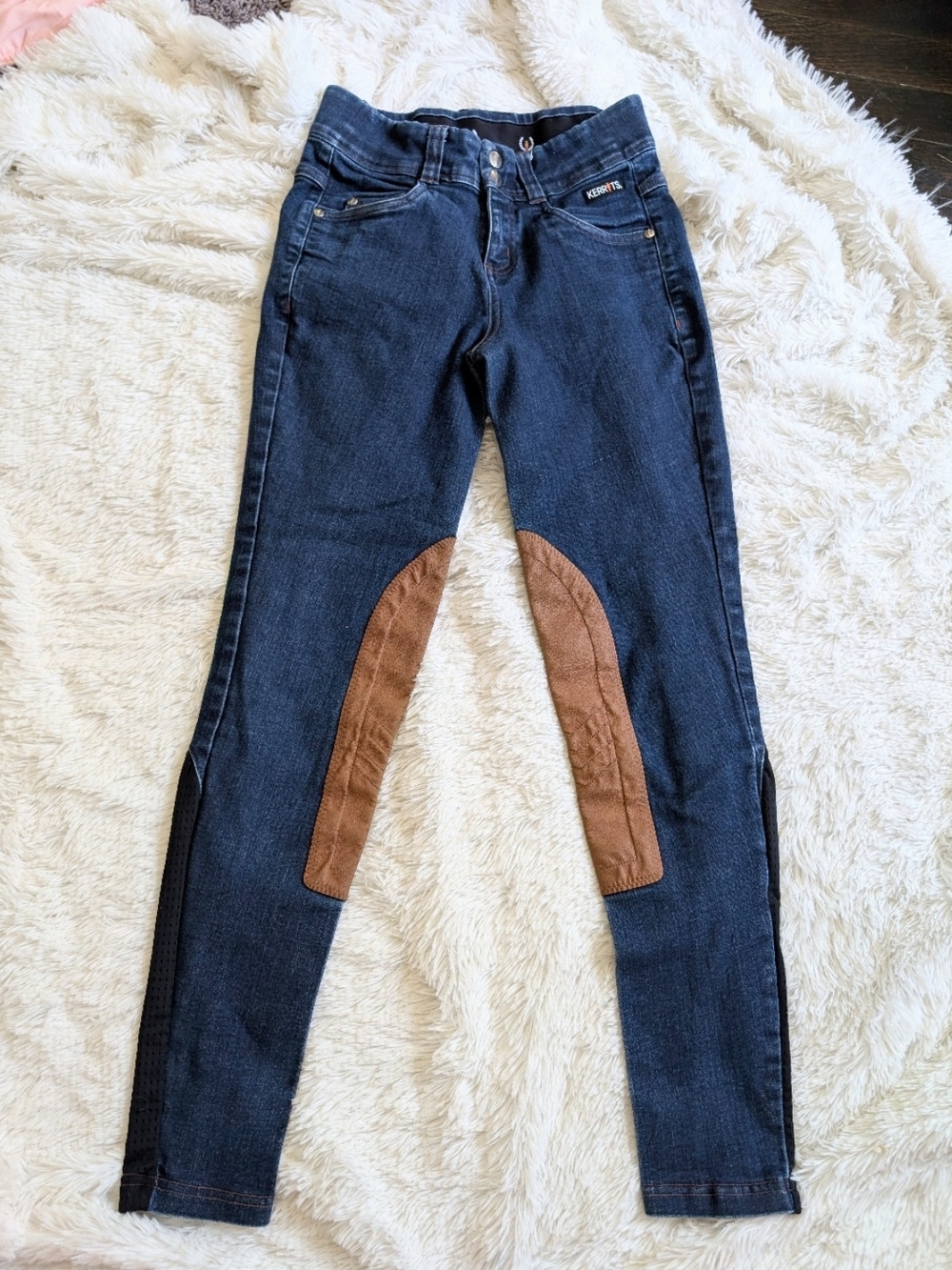 Kerrits Dark Wash Denim With Brown Inner Thigh Patches And Black Mesh Breeches